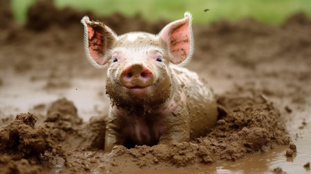 A cute piglet rolling in mud. AI generated illustrationの素材