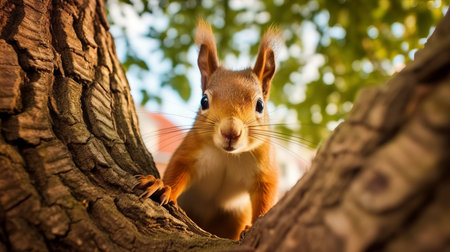 A curious squirrel watching passersby from a tree. AI generated illustrationの素材