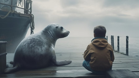 A curious seal watching humans. AI generated illustrationの素材
