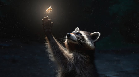 A curious raccoon reaching for a shiny object. AI generated illustrationの素材