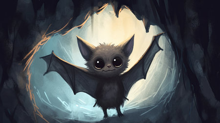 A cute bat hanging upside down in a cave. AI generated illustrationの素材