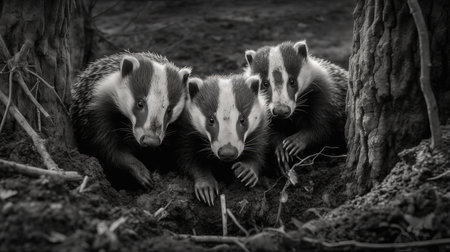 A family of badgers digging in the ground. AI generated illustrationの素材