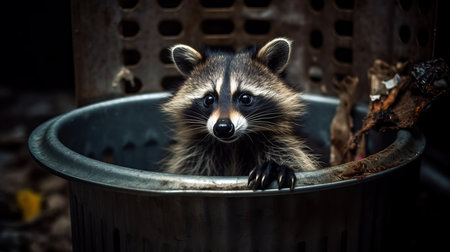 A curious raccoon poking around a trash can. AI generated illustrationの素材