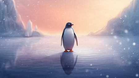 A curious penguin waddling on ice. AI generated illustrationの素材