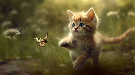 A fluffy kitten chasing a butterfly. AI generated illustrationの素材