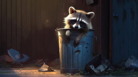 A curious raccoon poking around a trash can. AI generated illustrationの素材
