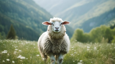 A fluffy sheep baaing in a pasture. AI generated illustrationの素材