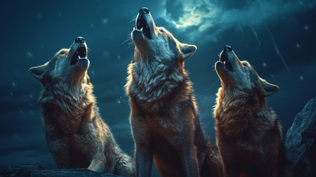 A group of wolves howling at the moon. AI generated illustrationの素材