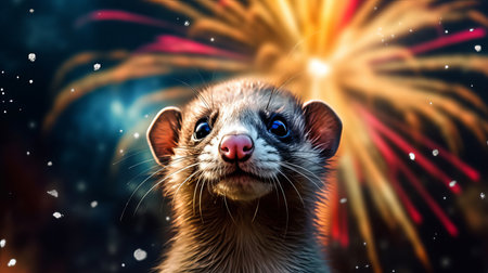 A festive ferret with a firework. AI generated illustrationの素材