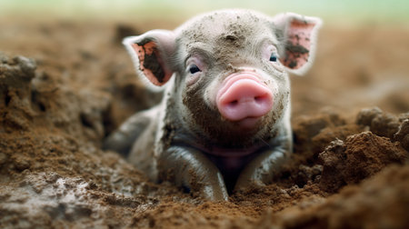 A cute piglet rolling in mud. AI generated illustrationの素材