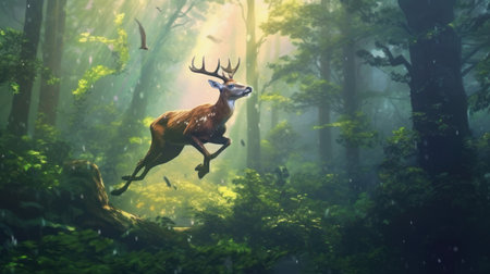 A graceful deer leaping through a forest. AI generated illustrationの素材