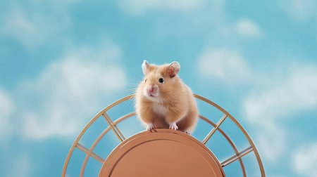A fluffy hamster running on a wheel. AI generated illustrationの素材