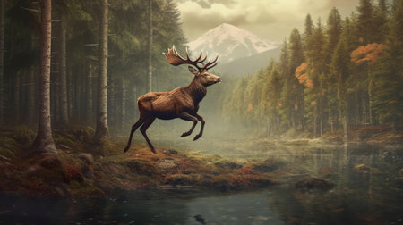 A graceful deer leaping through a forest. AI generated illustrationの素材