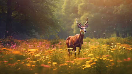 A gentle deer grazing in a meadow. AI generated illustrationの素材