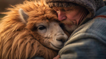 A friendly alpaca snuggling with its owner. AI generated illustrationの素材