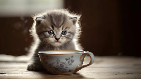 A fluffy gray kitten drinking milk from a saucer. AI generated illustrationの素材