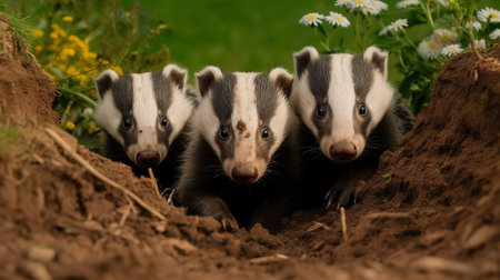 A family of badgers digging in the ground. AI generated illustrationの素材