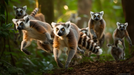 A group of lemurs leaping through the jungle. AI generated illustrationの素材