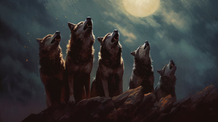 A group of wolves howling at the moon. AI generated illustrationの素材