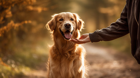 A golden retriever wagging its tail excitedly at it. AI generated illustrationの素材