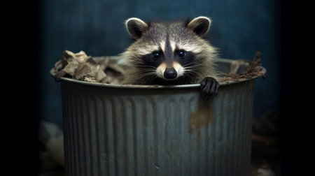A curious raccoon poking around a trash can. AI generated illustrationの素材