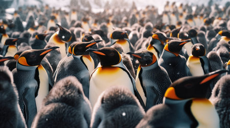 A group of penguins huddling together to stay warm. AI generated illustrationの素材