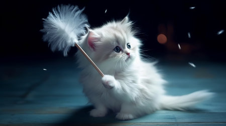 A fluffy kitten batting at a feather wand. AI generated illustrationの素材