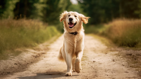 A happy golden retriever wagging its tail. AI generated illustrationの素材