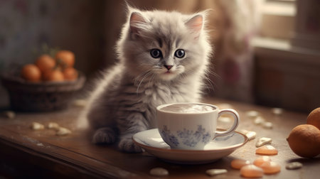 A fluffy gray kitten drinking milk from a saucer. AI generated illustrationの素材