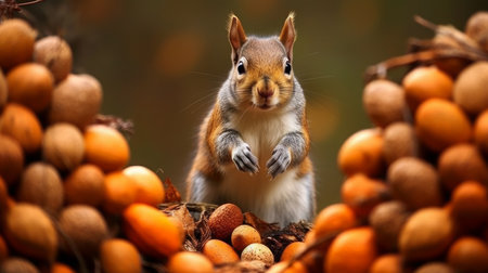 A gray squirrel gathering nuts for the winter. AI generated illustrationの素材