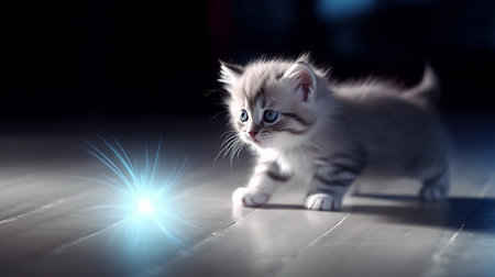 A fluffy kitten chasing a laser pointer dot. AI generated illustrationの素材