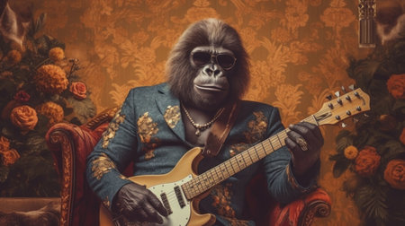 A groovy gorilla with a guitar. AI generated illustrationの素材