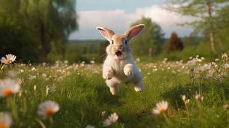 A happy bunny hopping through a meadow. AI generated illustrationの素材