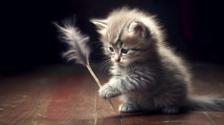 A fluffy kitten batting at a feather wand. AI generated illustrationの素材