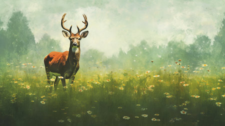 A gentle deer grazing in a meadow. AI generated illustrationの素材