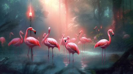 A group of flamingos wading in a pond. AI generated illustrationの素材