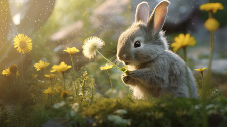 A fluffy gray bunny sniffing flowers in a garden. AI generated illustrationの素材