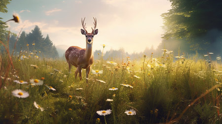 A gentle deer grazing in a meadow. AI generated illustrationの素材