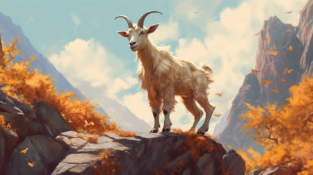A happy goat climbing on rocks. AI generated illustrationの素材