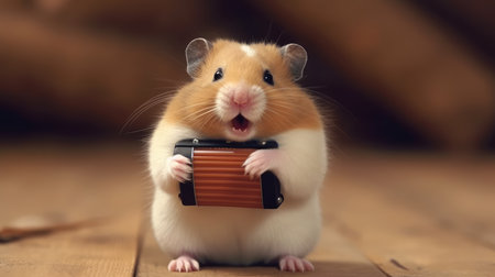 A happy hamster with a harmonica. AI generated illustrationの素材