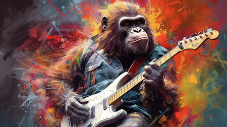 A groovy gorilla with a guitar. AI generated illustrationの素材