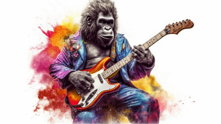 A groovy gorilla with a guitar. AI generated illustrationの素材