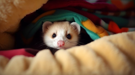 A mischievous ferret hiding a favorite toy in its be. AI generated illustrationの素材