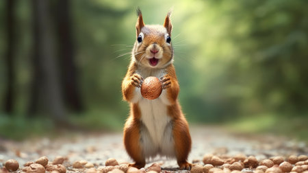 A joyful squirrel enjoying a nut. AI generated illustrationの素材