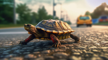 A patient turtle taking its time crossing the road. AI generated illustrationの素材