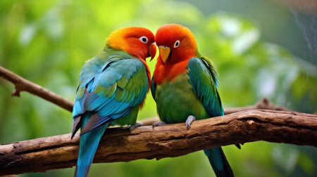 A pair of lovebirds snuggling on a branch. AI generated illustrationの素材