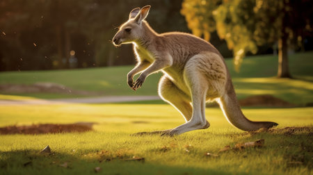 A hopping kangaroo enjoying some grass. AI generated illustrationの素材
