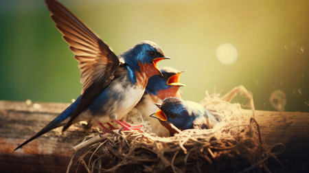 A pair of swallows building a nest. AI generated illustrationの素材