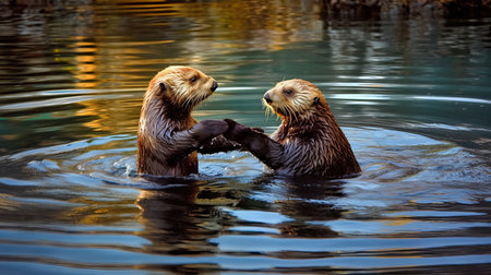 A playful sea otter holding hands with a companion. AI generated illustrationの素材