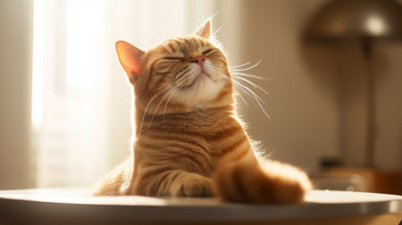 A relaxed cat grooming itself. AI generated illustrationの素材